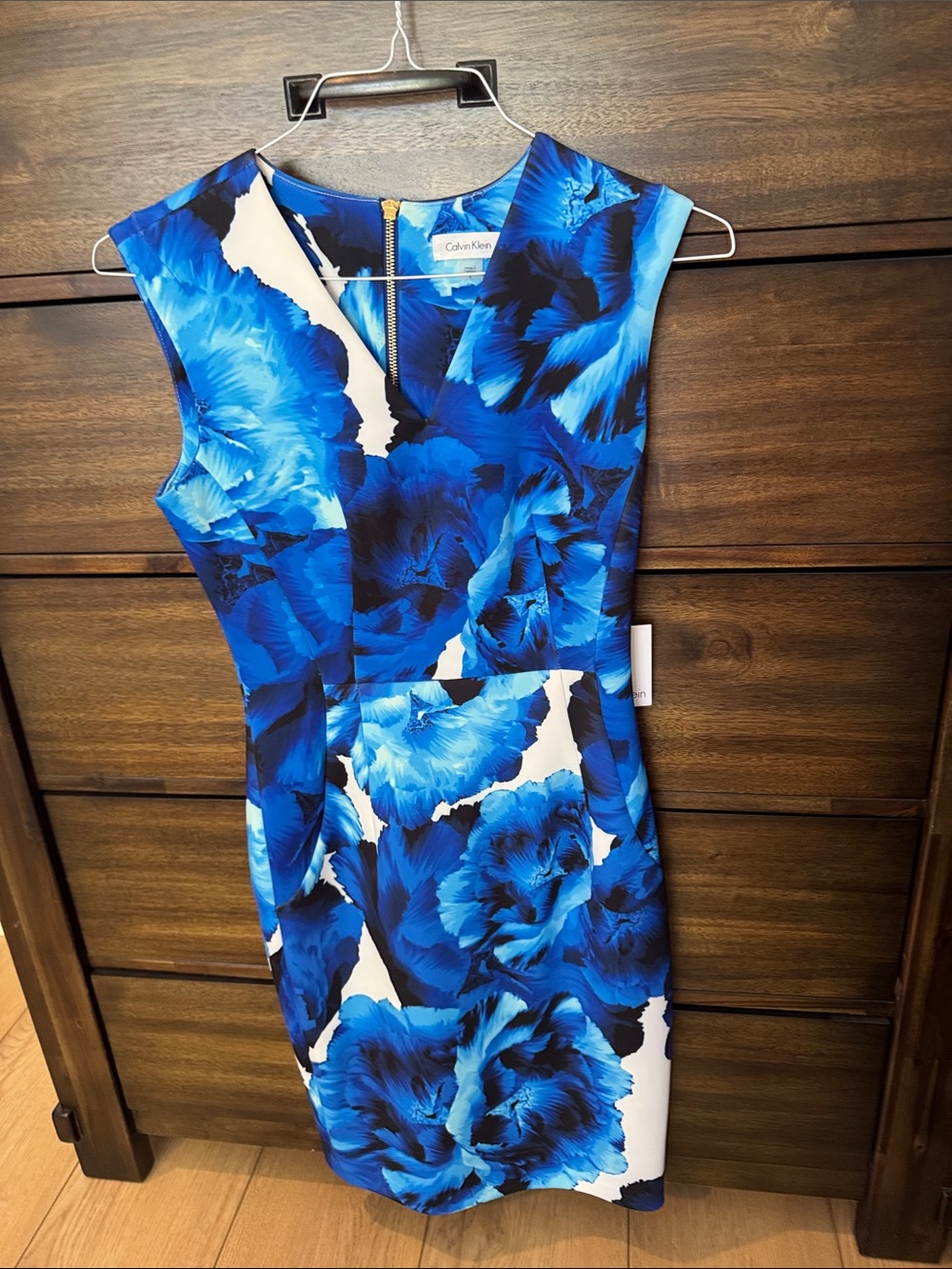 Calvin Klein Royal Blue & White Floral Midi Sheath Dress